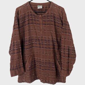 Vintage Cotton USA Button-Collar Textured Long Sleeve Top Brown Women's Medium
